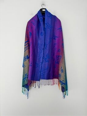 Pashmina Rainbow Ombre Calligraphy Print Fringe Scarf Shawl Boho Cashmere Wool